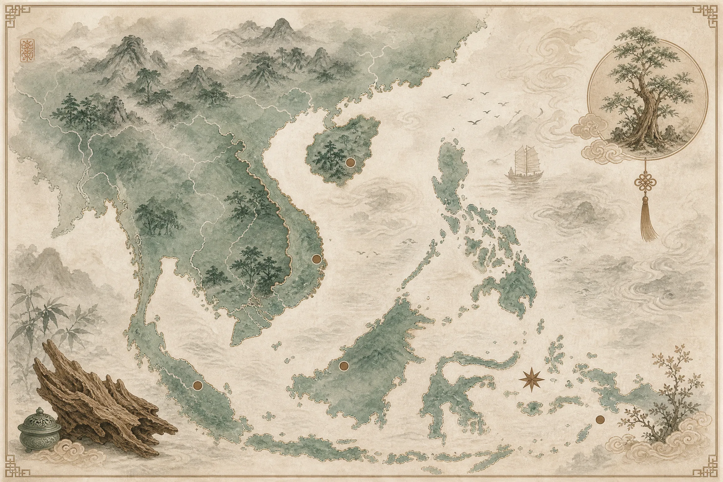 水墨风‍格​的亚洲沉香产区地图，标注海南、芽庄、惠安、星洲等结香产地