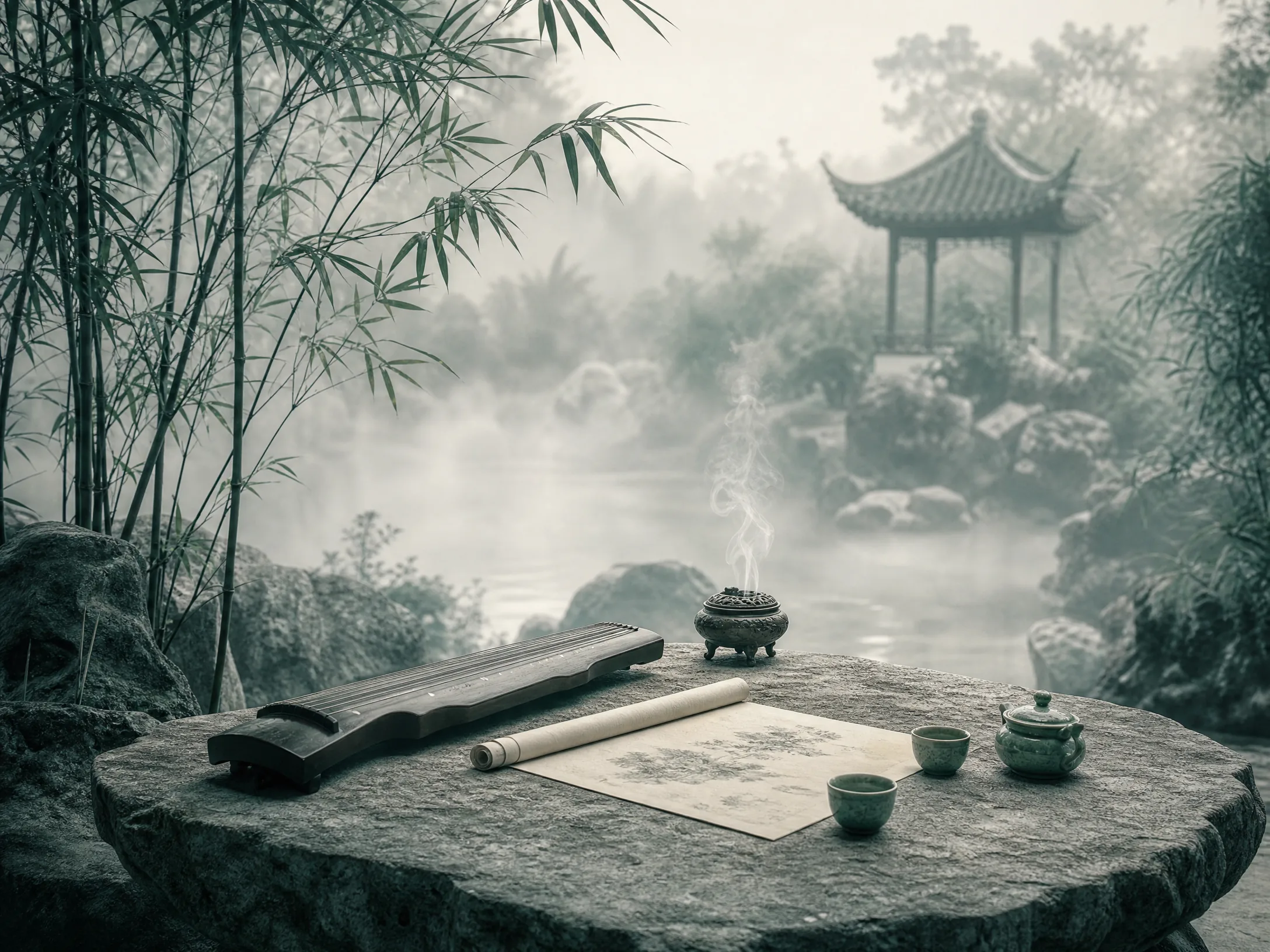 线下香会与雅集，庭院中陈设香席与古琴